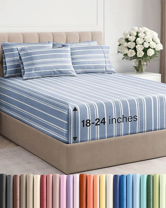 Elegant Extra Deep Cal King Sheet Set – 6 Piece Breathable and Cooling Sheets – Hotel Luxury Bedding for Women Men Kids amp Teens – Easy Secure Fit – Soft amp Wrinkle – Extra Deep Pockets – Blue Stripes Convenient