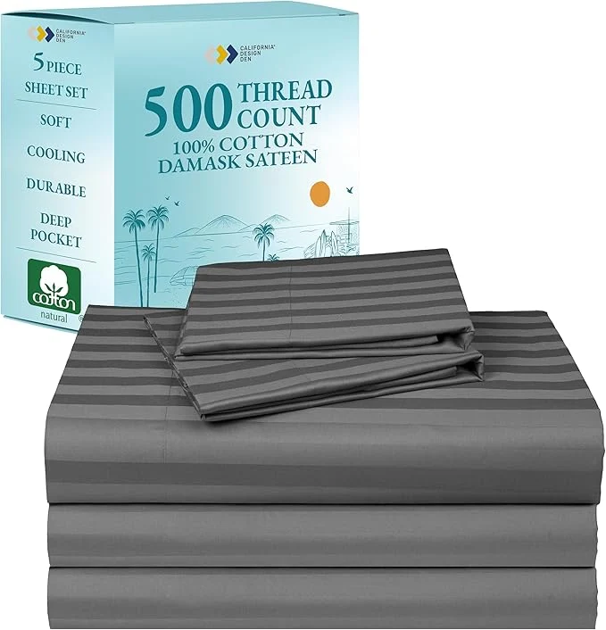 Quality Luxury Split King Size Sheets For Adjustable Bed Cotton 500 Thread Count Sateen Snug Fit Set With Twin-XL Fitted Sheets Damask Stripe Sheet Sets amp Pillowcases Split King Stripe – Grey Advanced