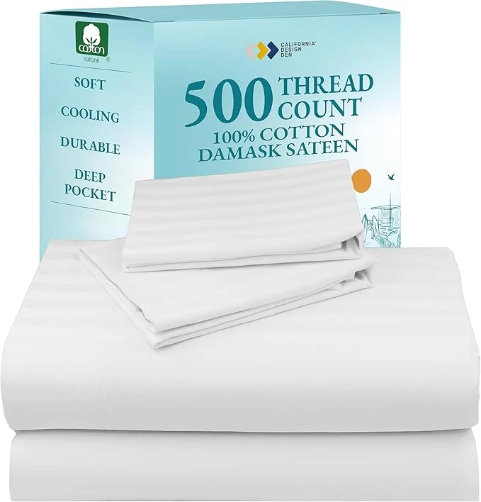 Certified California Design Den 4 Piece Full Size Sheet Set – Cotton 500 Thread Count Cooling Deep Pocket Bed Sheets with Fitted Elastic Sheet Extra Soft Luxury Hotel Quality – Pure White High-End