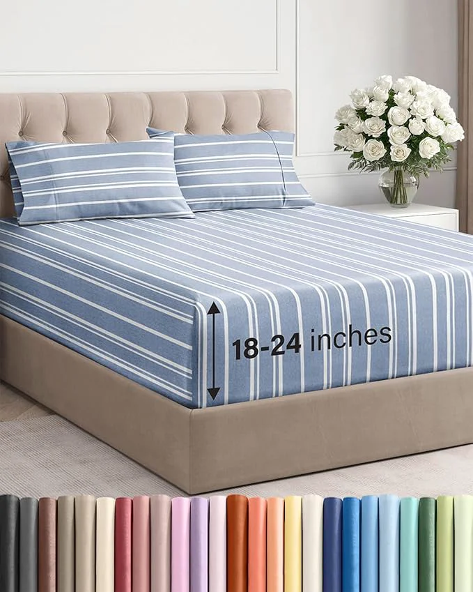 Specialty Extra Deep Twin XL Sheet Set – 4 Piece Breathable and Cooling Sheets – Hotel Luxury Bedding for Women Men Kids amp Teens – Easy Secure Fit – Soft amp Wrinkle with Extra Deep Pockets – Blue Stripes High-Performance