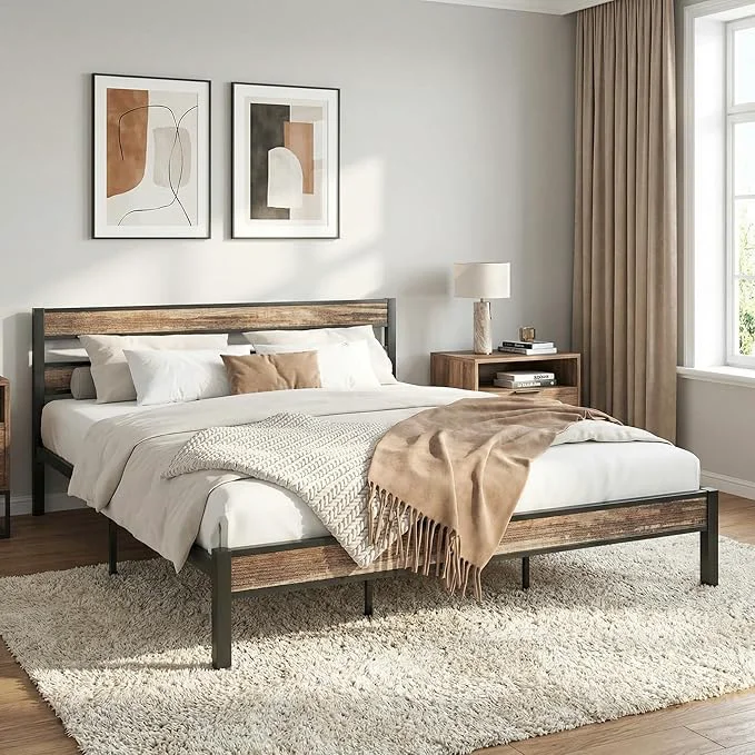 Traditional LIKIMIO California King Bed Frame wtih Headboard Easy Assembly Noise- No Box Spring Needed Heavy Strong Metal Support Frames Rustic Brown Elite