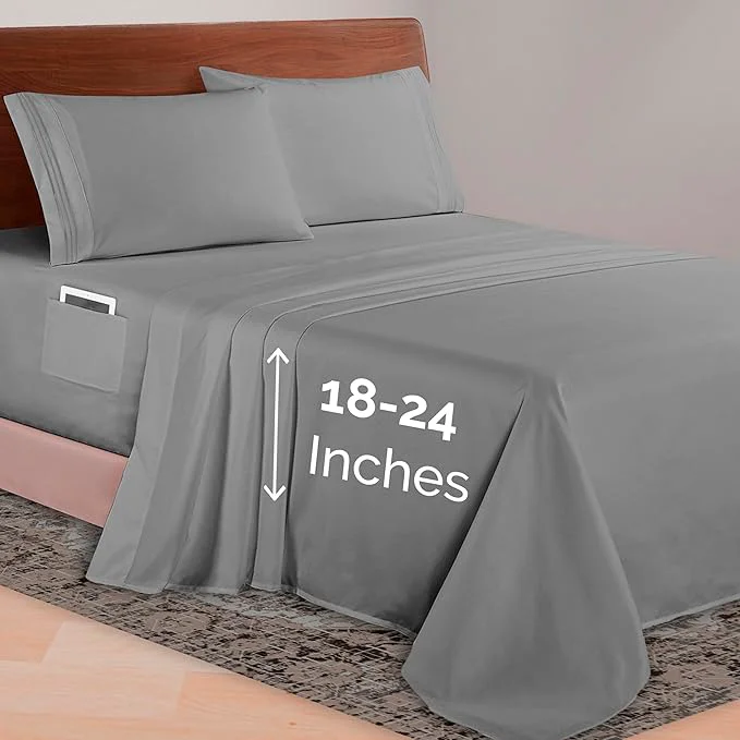 Environmentally Friendly Elegant Comfort Luxurious 1500 Premium Hotel Quality Microfiber 4-Piece Sheet Set 18-24 Inches Deep – Extra Deep Pocket Sheets – Ultra Soft 4PC Deep Pocket Sheets Queen Gray
