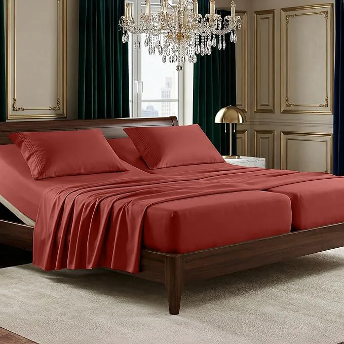 Verified Elegant Comfort Luxurious 1500 Premium Hotel Quality Microfiber Three Line Embroidered Softest 5-Piece Bed Sheet Set Wrinkle and Fade Resistant Split King Rust