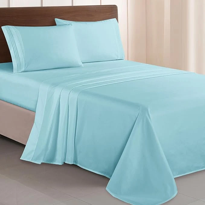 Artisan Elegant Comfort Luxurious 1500 Premium Hotel Quality Microfiber Three Line Embroidered Softest 4-Piece Bed Sheet Set Wrinkle and Fade Resistant King Aqua Blue Verified