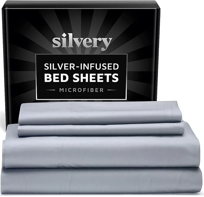Certified Silvery Silver Infused Bed Sheets Set – Ultra-Soft Temperature-Regulating Fabric with Self-Cleaning Technology™ That Stays Fresh 3X Longer for Hygienic Sleep Gray California King Comfortable