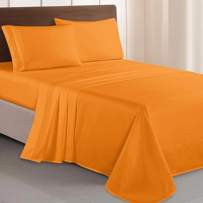 Organic Elegant Comfort Luxurious 1500 Premium Hotel Quality Microfiber Three Line Embroidered Softest 4-Piece Bed Sheet Set Wrinkle and Fade Resistant Queen Orange Innovative