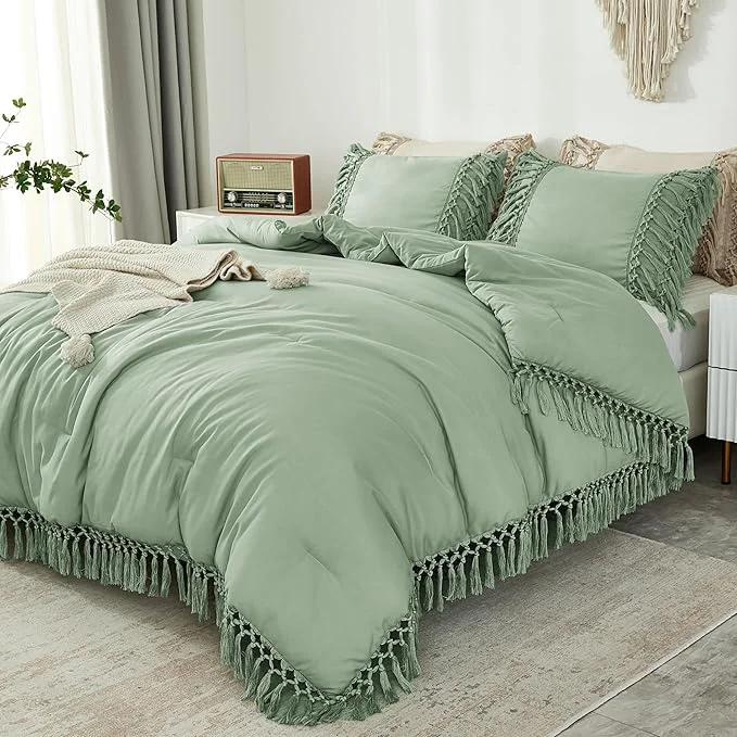 Fast Andency Sage Green Comforter Set California King 3 Pieces Boho Tassel Lightweight Soft Bedding Comforter Sets for King Bed All Season Fluffy Fringe Bed Set 104x96In Comforter amp 2 Pillowcases Solid