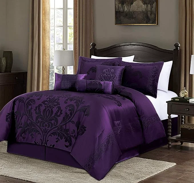 Powerful Chezmoi Collection 7-Piece Jacquard Floral Comforter Set Queen Purple Dark Purple Exclusive