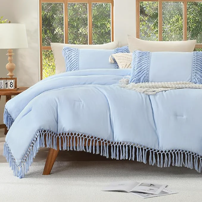 Genuine Andency Comforter King Size Set Light Blue 3 Pieces Boho Tassel Lightweight Fluffy Bedding Comforters amp Sets Soft All Season Bed Set 104x90In Comforter amp 2 Pillowcases Relaxed