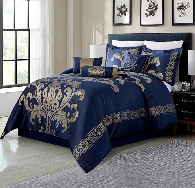Original Chezmoi Collection 7-Piece Jacquard Floral Comforter Set California King Navy Gold Comfortable