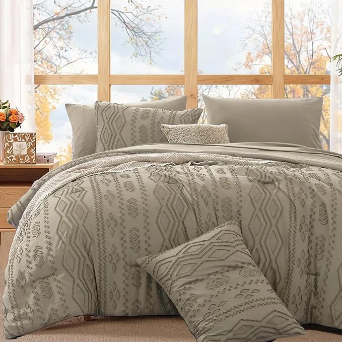 Modern WRENSONGE Queen Comforter Set with Sheets – 7 Pieces Khaki Tufted Bed in a Bag Queen Shabby Chic Bedding Sets with 1 Comforter 2 Sheets 2 Pillowcases amp 2 Shams Detailed