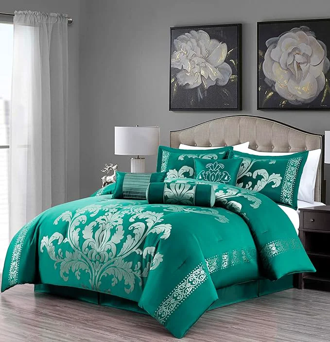 Artisan Chezmoi Collection 7-Piece Jacquard Floral Comforter Set Queen Green Silver Fine Crafted
