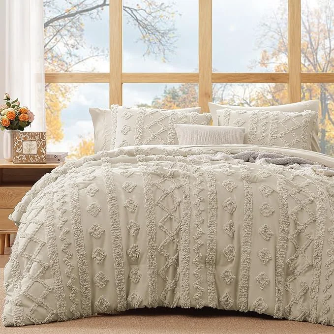 Long-Lasting WRENSONGE Queen Size Comforter Set with Sheets – 7 Pieces Beige Tufted Bed in a Bag Queen Shabby Chic Bedding Sets with 1 Comforter 2 Sheets 2 Pillowcases amp 2 Shams Responsible