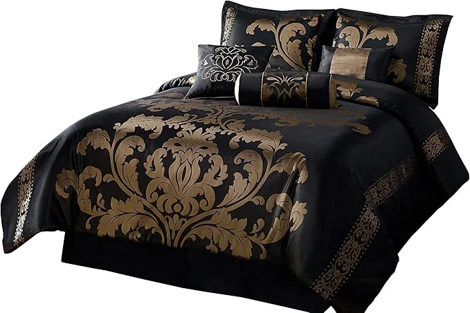 Stylish Chezmoi Collection Royale 7-Piece Jacquard Floral Comforter Set Queen Black Gold Unique