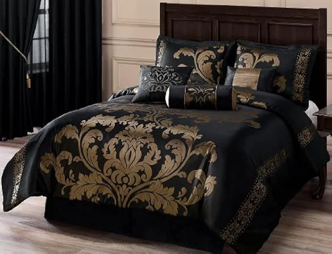 Prestigious Chezmoi Collection 7-Piece Royale Jacquard Floral Comforter Set Full Double Black Gold Verified