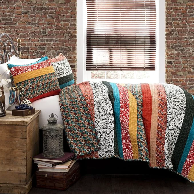 Sustainable Lush Decor Boho Stripe Reversible Cotton Quilt 3-Piece Set Full Queen Turquoise amp Tangerine – Bold Colorful Bohemian Bedding Set Elite