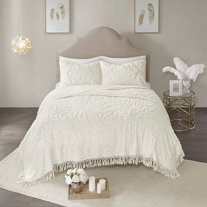 Easy-to-Use Madison Park Lightweight Breathable Chenille Tufted Cotton Quilt Shabby Chic Boho Medallion Design Tassel Fringe Bedspread Coverlet Shams Twin Twin XL 68 quot x92 quot Laetitia Ivory 2 Piece Practical