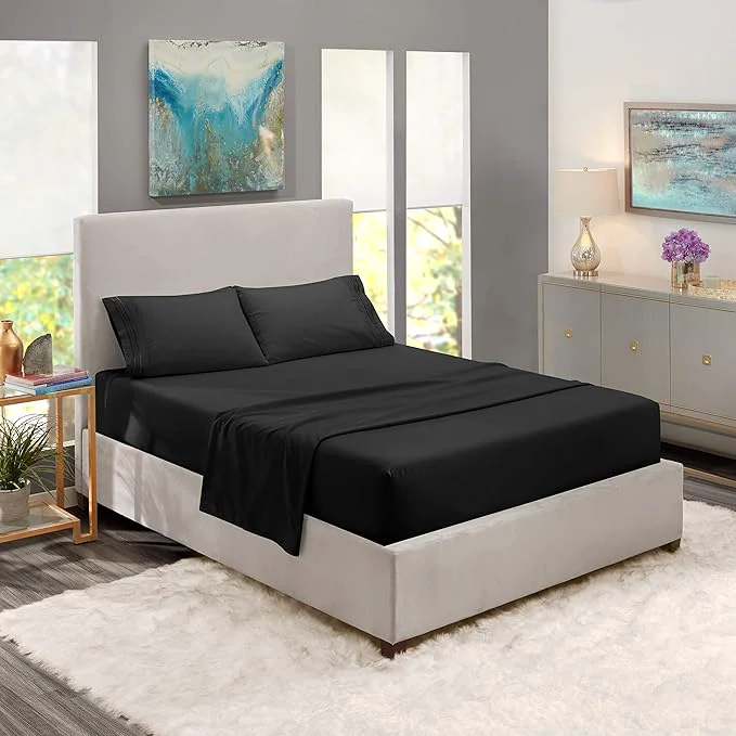 Classic Nestl Short Queen Sheet Set – 1800 Ultra-Soft Microfiber – Double Brushed – Deep Pockets – Easy Fit – 4 Piece Set – Bed Sheets Short Queen Black Effective