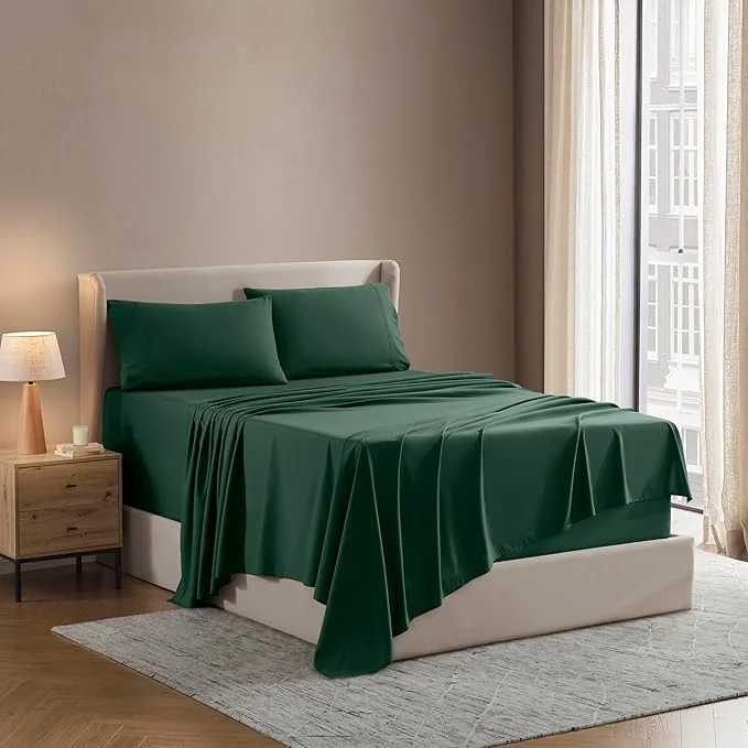 Next-Generation Nestl Short Queen Sheet Set – 1800 Ultra-Soft Microfiber – Double Brushed – Deep Pockets – Easy Fit – 4 Piece Set – Bed Sheets Short Queen Dark Green Detailed