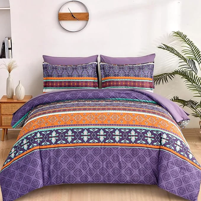 Smooth WONGS BEDDING Boho Comforter Set King Size 7 Pieces Bohemian Striped Bedding Comforter Set Bed in a Bag Purple Paisley Floral Comfortet and Sheet Set Soft Microfiber Bedding Sets for All Season Expertly Made