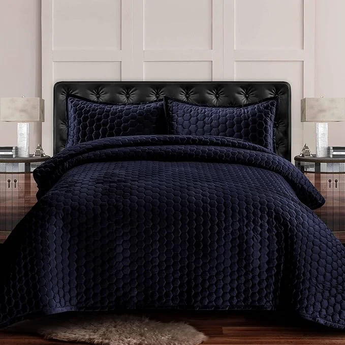 Advanced Tribeca Living Lugano Oversized Velvet Quilt Set – All Season Extra Large 2 Piece Twin Size Comforter Set with 1 Pillow Sham in Indigo Honeycomb Pattern 260GSM Casual