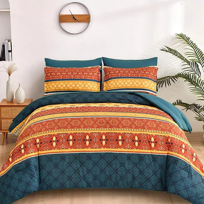 Durable WONGS BEDDING Boho Comforter Set Queen Size 7 Pieces Bed in a Bag Bohemian Striped Bedding Set Burnt Orange Paisley Floral Comfortet and Sheet Set Soft Microfiber Bedding Sets for All Season Reliable