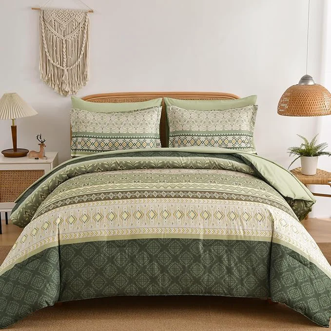 Exceptional Comforter Set King Size Boho 7 Pieces Sage Green Bedding Set Bohemian Striped Bed in a Bag Soft Microfiber Paisley Floral Comfortet and Sheet Sets for Family All Season Fast