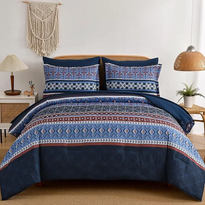 Casual Comforter Set King Size Boho 7 Pieces Bohemian Bedding Comforter Set Striped Bed in a Bag Navy Blue Paisley Floral Comfortet and Sheet Set Soft Microfiber Bedding Sets for All Season Prestigious