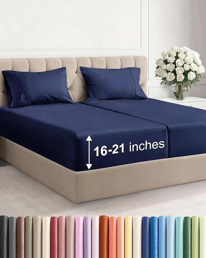 Casual Extra Deep Pocket Split King Size Sheet Set – 5 Piece Breathable amp Cooling Bed Sheets – Hotel Luxury Bedding w 16 to 21 inch Extra Deep Pockets – Soft Fade amp Wrinkle Resistant – Oeko-Tex – Navy Blue Healthy