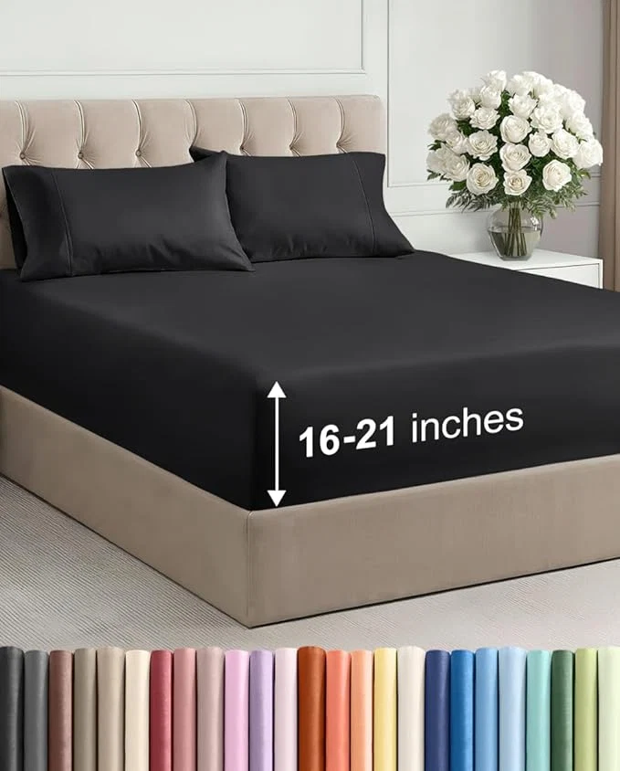 Detailed Extra Deep Pocket King Size Sheet Set – 4 Piece Breathable amp Cooling Bed Sheets – Hotel Luxury Bedding with 16 to 21 inch Extra Deep Pockets – Ultra-Soft Fade amp Wrinkle Resistant – Oeko-Tex – Black High-End