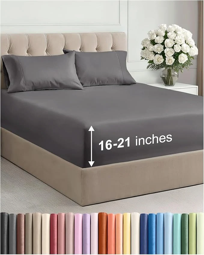 Long-Lasting Extra Deep Pocket King Size Sheet Set – 4 Piece Breathable amp Cooling Bed Sheets – Hotel Luxury Bedding with 16 to 21 inch Extra Deep Pockets – Soft Fade and Wrinkle Resistant – Oeko-Tex – Dark Grey Genuine