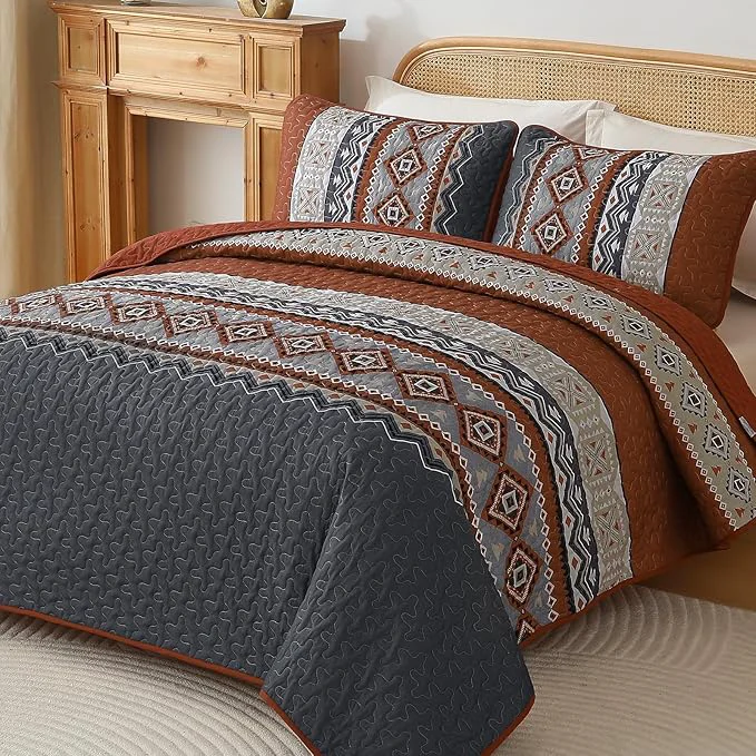 Refined WONGS BEDDING 3 Pieces Quilt Set Queen Size Burnt Orange Quilt Bedspread Lightweight Bohemian Coverlet Set with 2 Pillowcase Soft Geometry Printed Bedding Set Queen for All Season 96 quot ×90 quot Trusted