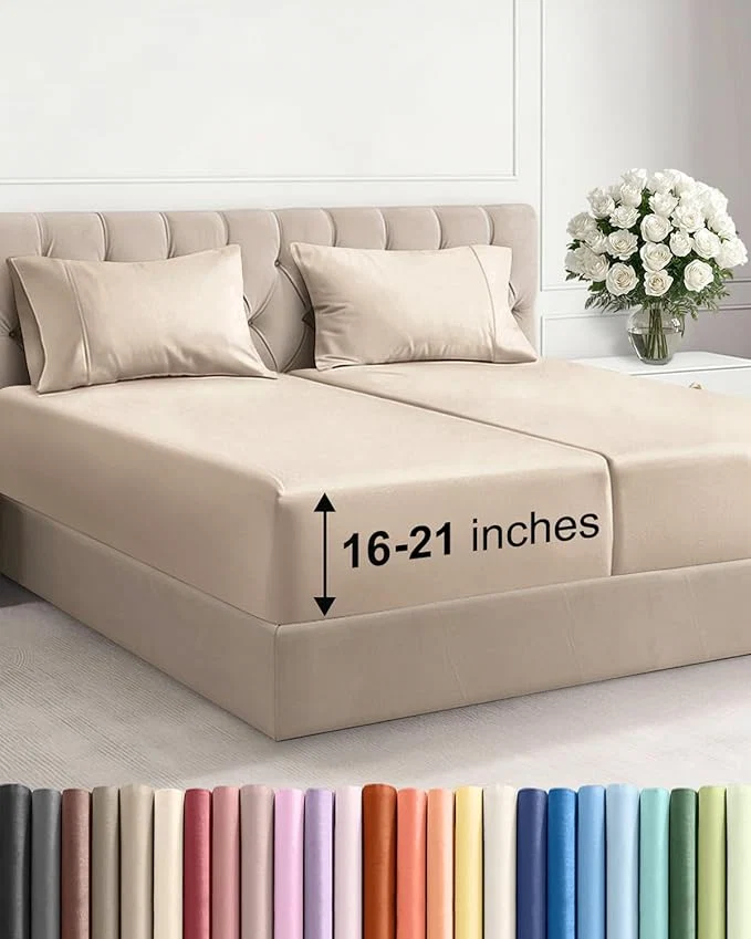 Certified Extra Deep Pocket Split King Size Sheet Set – 5 Piece Breathable amp Cooling Bed Sheets – Hotel Luxury Bedding with 16 to 21 inch Extra Deep Pockets – Soft Fade amp Wrinkle Resistant – Oeko-Tex – Wheat First-Class