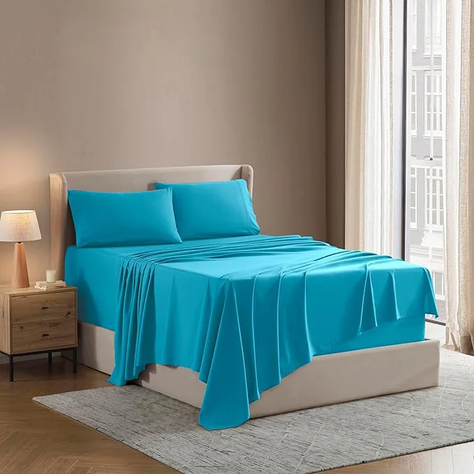 Refined Nestl California King Sheet Set – 1800 Ultra-Soft Microfiber Cal King Bed Sheets – Double Brushed – Deep Pockets – Easy Fit – 4 Piece Set – Bed Sheets California King Bright Blue Natural