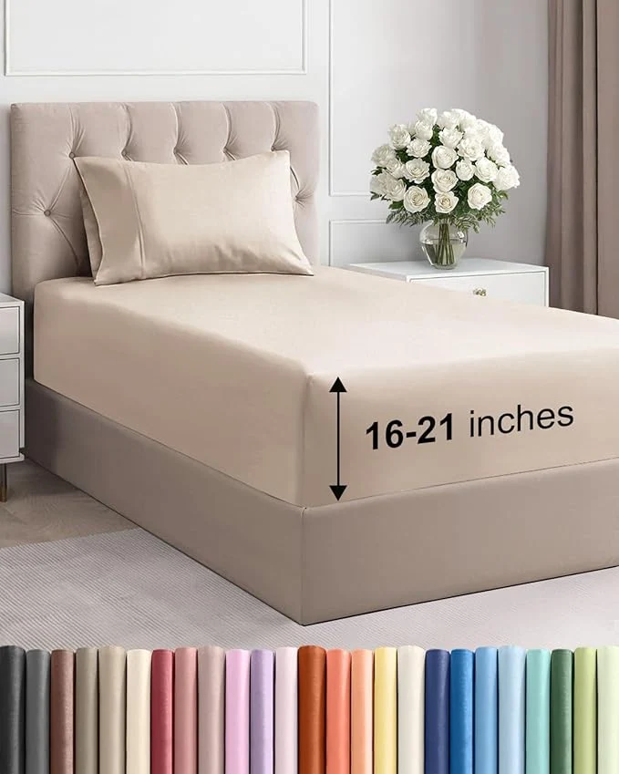 Efficient Extra Deep Pocket Twin XL Size Sheet Set – 3 Piece Breathable amp Cooling Bed Sheets – Hotel Luxury Bedding w 16 to 21 inch Extra Deep Pockets – Ultra-Soft Fade amp Wrinkle Resistant – Oeko-Tex – Wheat Smooth