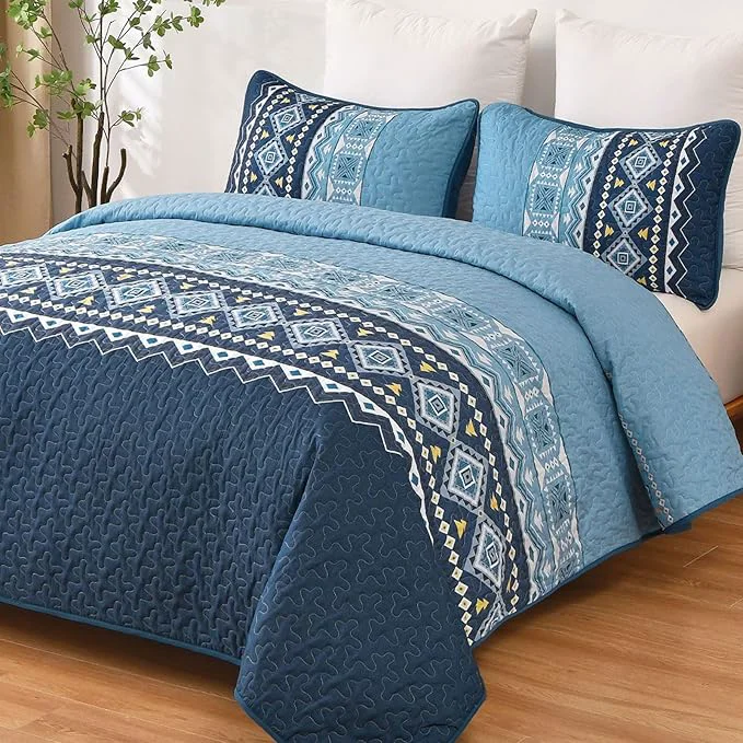 Environmentally Friendly WONGS BEDDING Blue Quilt Set Queen Boho 3 Pieces Bedspread Coverlet Set with Geometry Printed for All Season Lightweight Morden Bohemian Bedding Set 96 quot ×90 quot Superior