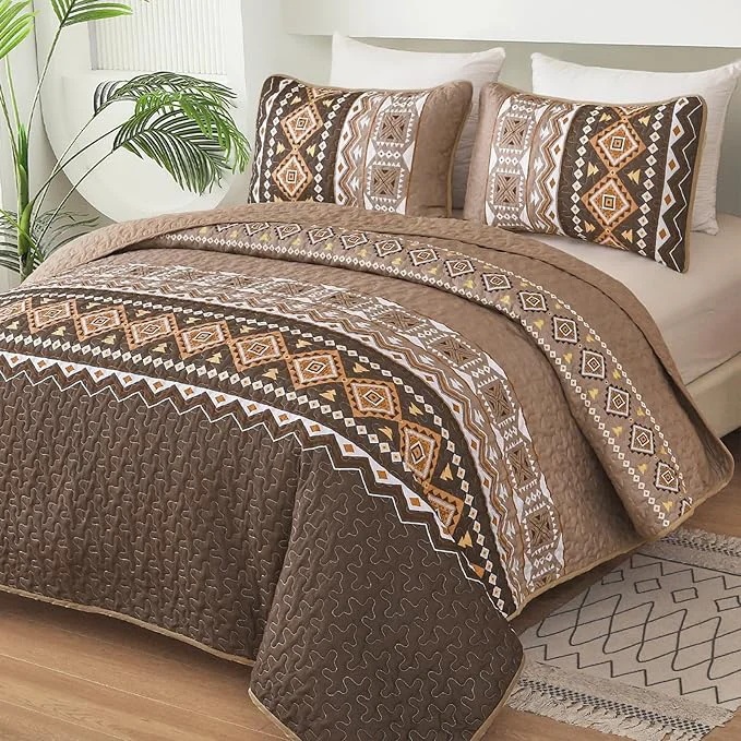 Quality WONGS BEDDING Boho Quilt Set Queen Size 3 Pieces Brown Geometry Printed Bedspread Coverlet Set Lightweight Microfiber Bedding Set with 2 Pillowcases 96 quot ×90 quot Fine Crafted