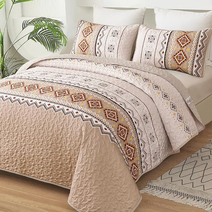 Consistent WONGS BEDDING Boho Beige Quilt Set Queen Size Geometry Printed Bedspread Coverlet Set with 2 Pillowcases Soft Bohemian Bedding Set Queen 96 quot ×90 quot Elegant