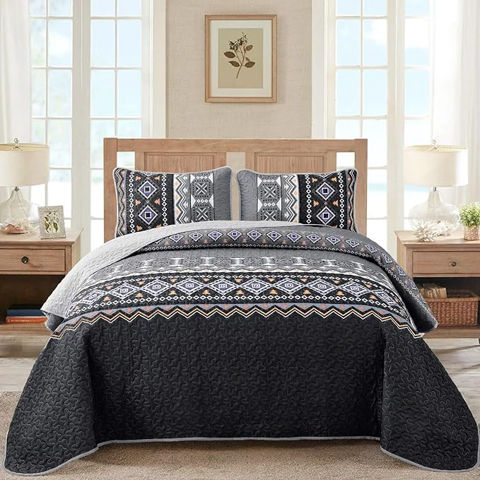 World-Class WONGS BEDDING Boho Quilt Set Queen Black Grey Bedspread Coverlet Set with 2 Pillowcase Lightweight Geometry Printed Bohemian Bedding Set 96 quot ×90 quot Innovative