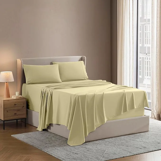 Dependable nestl Luxury Queen Sheet Set – 4 Piece Extra Soft 1800 Microfiber-Deep Pocket Bed Sheets with Fitted Sheet Flat Sheet 2 Pillow Cases-Breathable Hotel Grade Comfort and Softness – Vanilla Yellow Artisan