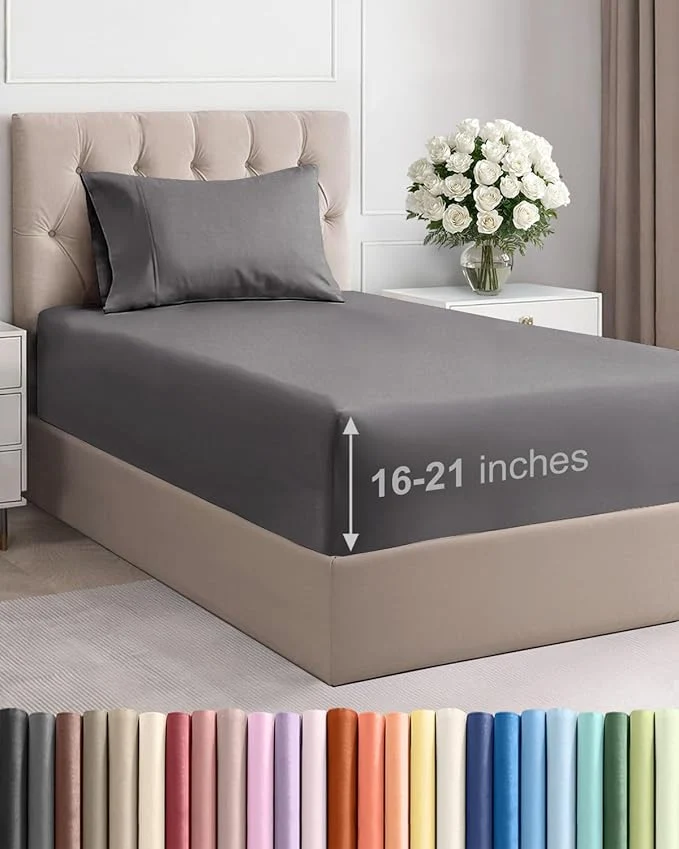 Pure Extra Deep Pocket Twin Size Sheet Set – 3 Piece Breathable amp Cooling Bed Sheets – Hotel Luxury Bedding with 16 to 21 inch Extra Deep Pockets – Soft Fade and Wrinkle Resistant – Oeko-Tex – Dark Grey Eco-Friendly