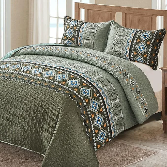 Eco-Friendly WONGS BEDDING Boho Quilt Set King 3 Piece Olive Green Fall Bedspread Coverlet Set with Geometry Printed for All Season Lightweight Oversized Bohemian Bedding Set 104 quot ×90 quot Dependable