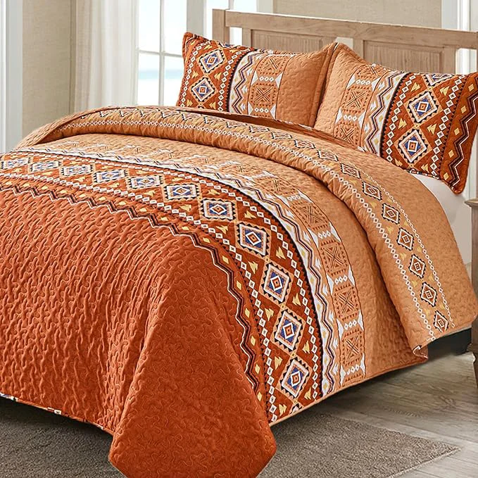 Breathable WONGS BEDDING 3 Pieces Quilt Set California King Burnt Orange Rust Thanksgiving Quilt Bedspread Bohemian Coverlet Set with 2 Pillowcase Fall Soft Thanksgiving Bedding Set All Season 106 quot ×96 quot Elite