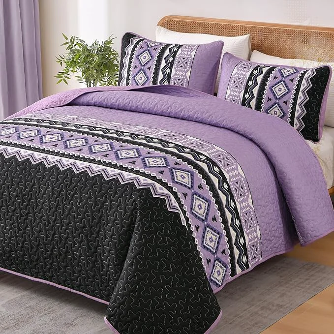 Specialty WONGS BEDDING 3 Pieces Quilt Set King Size Purple Quilt Bedspread Lightweight Bohemian Coverlet Set with 2 Pillowcase Soft Geometry Printed Bedding Set King for All Season 104 quot ×90 quot Exceptional