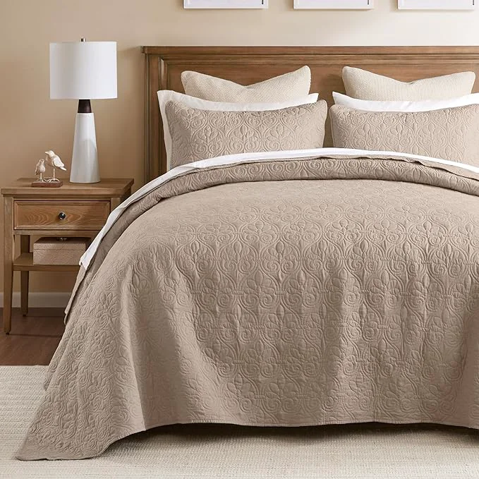 Comfortable Madison Park Quebec Reversible Quilt Set Damask Design Double Sided Stitching All Season Lightweight Bedspread Bedding Set Matching Sham Khaki King 120 quot x118 quot 3 Piece Safe