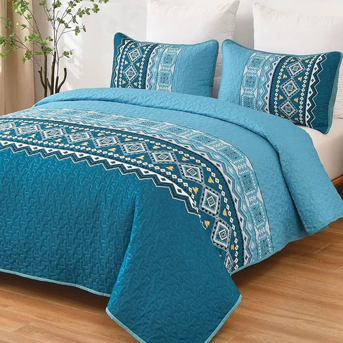 Unique WONGS BEDDING 3 Piece Quilt Set Queen Boho Teal Bedspread Coverlet Set with Geometry Printed for All Season Lightweight Morden Bohemian Bedding Set 96 quot ×90 quot Functional