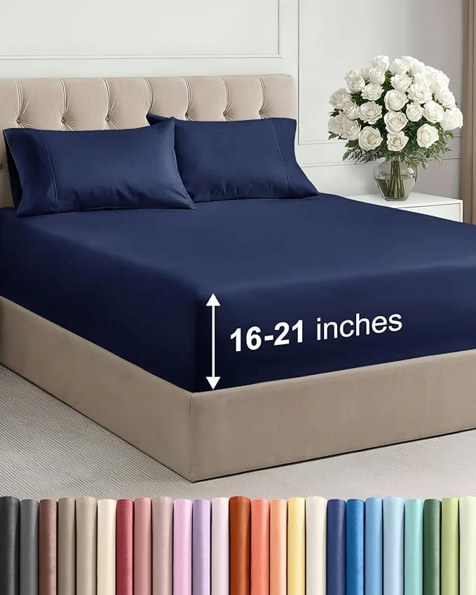 Traditional Extra Deep Pocket Full Size Sheet Set – 4 Piece Breathable amp Cooling Bed Sheets – Hotel Luxury Bedding with 16 to 21 inch Extra Deep Pockets – Soft Fade and Wrinkle Resistant – Oeko-Tex – Navy Blue Environmentally Friendly