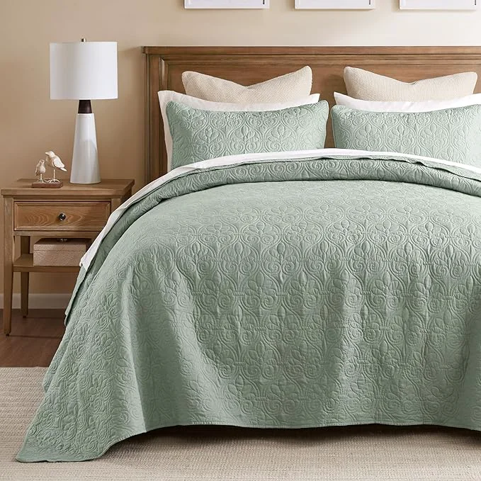 Reusable Madison Park Quebec Reversible Quilt Set Damask Design Double Sided Stitching All Season Lightweight Bedspread Bedding Set Matching Sham Seafoam Full 96 quot x110 quot 3 Piece Expertly Made