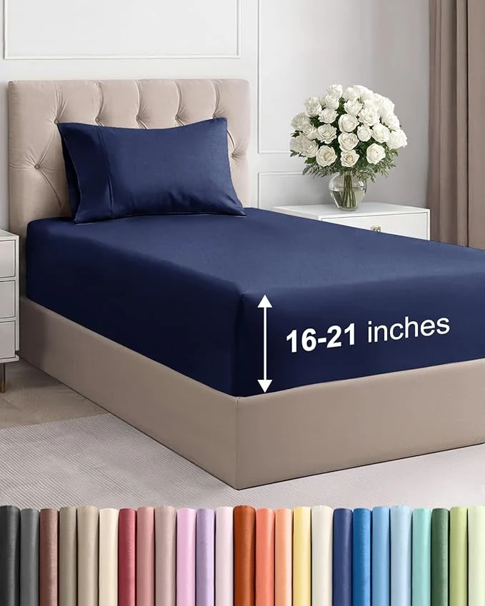 Detailed Extra Deep Pocket Twin Size Sheet Set – 3 Piece Breathable amp Cooling Bed Sheets – Hotel Luxury Bedding with 16 to 21 inch Extra Deep Pockets – Soft Fade and Wrinkle Resistant – Oeko-Tex – Navy Blue Consistent