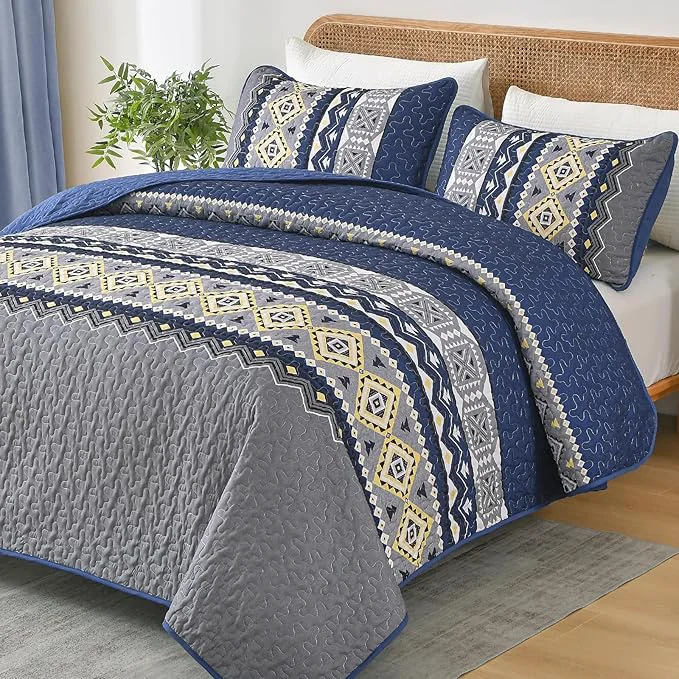 Authentic WONGS BEDDING 3 Pieces Quilt Set King Size Navy Blue Quilt Bedspread Lightweight Bohemian Coverlet Set with 2 Pillowcase Soft Geometry Printed Bedding Set King for All Season 104 quot ×90 quot